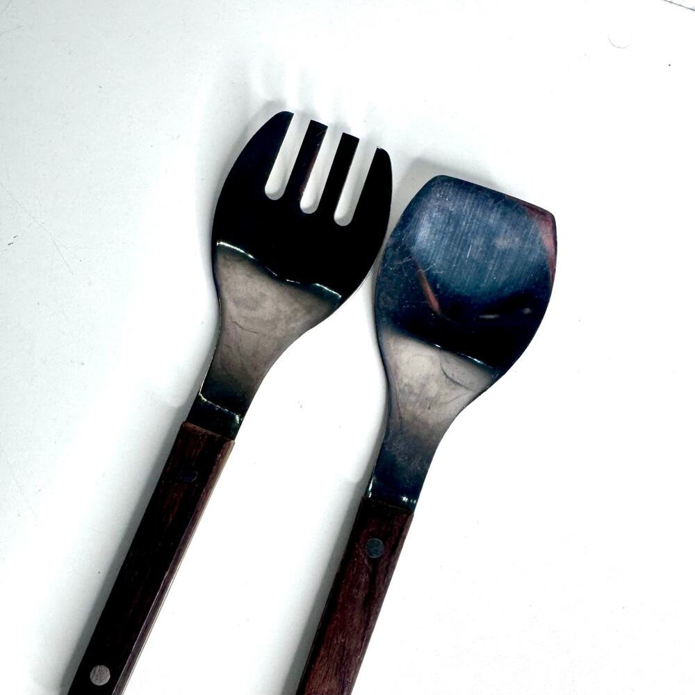 Vintage Wooden Stainless MCM Salad  Serving Set Japan w/hook